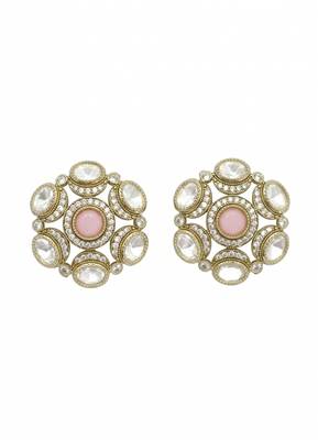 Royal round shape pink kundan mehandi gold plated stud stud earring for women and girls 3
