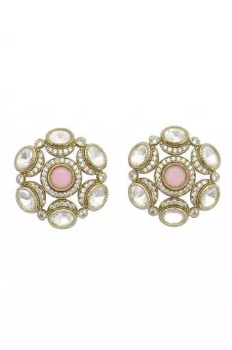 Royal round shape pink kundan mehandi gold plated stud stud earring for women and girls