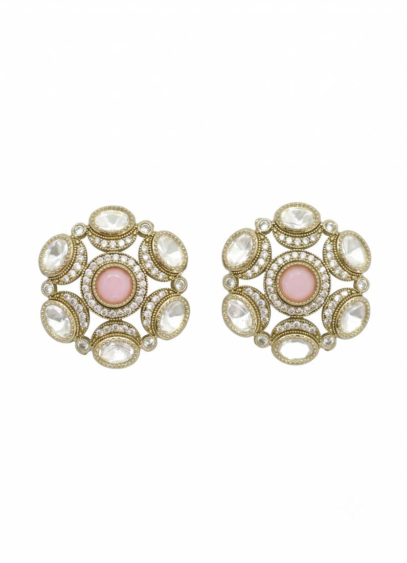 Royal round shape pink kundan mehandi gold plated stud stud earring for women and girls