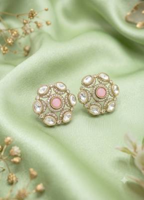 Royal round shape pink kundan mehandi gold plated stud stud earring for women and girls 4