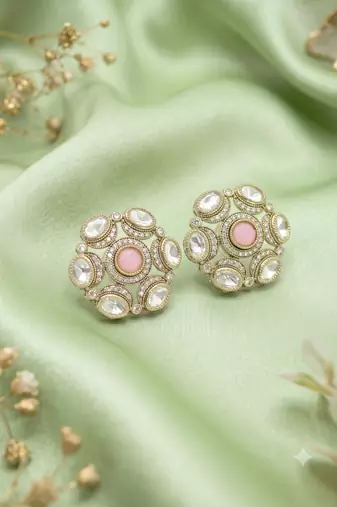 Royal round shape pink kundan mehandi gold plated stud stud earring for women and girls