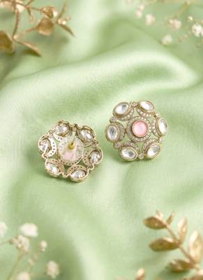 Royal round shape pink kundan mehandi gold plated stud stud earring for women and girls 5