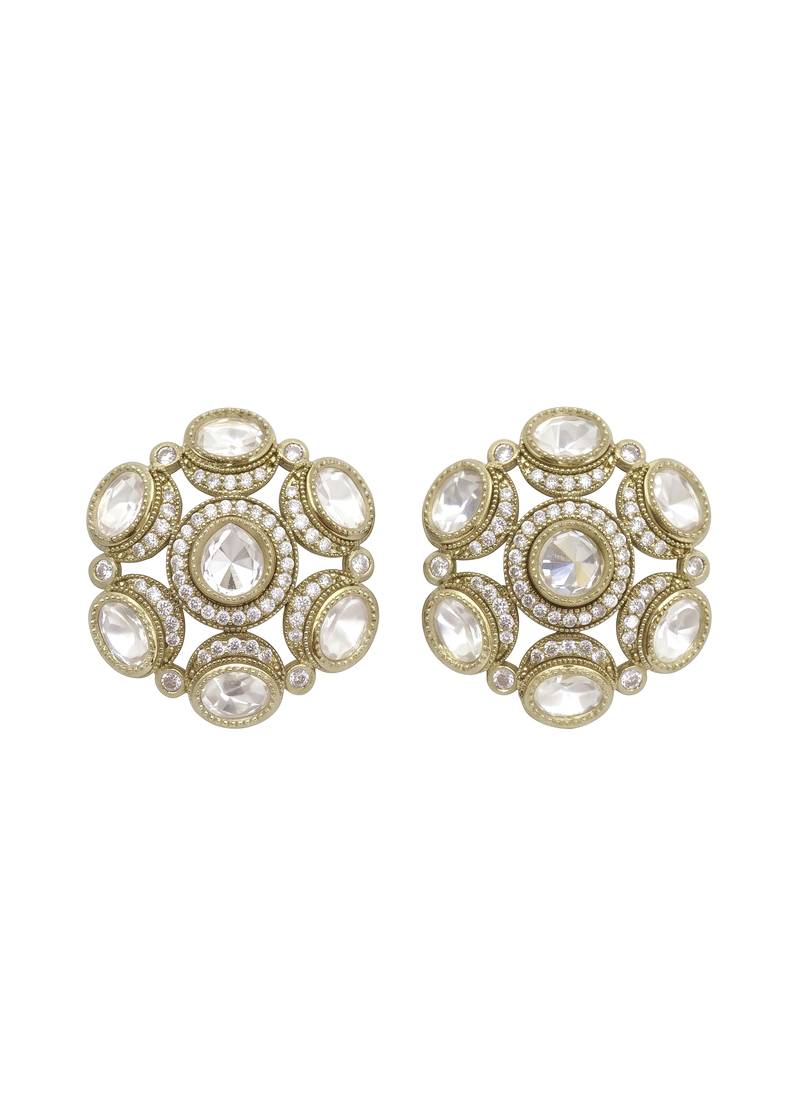 Smooth round shape white kundan mehandi gold plated stud stud earring for women and girls