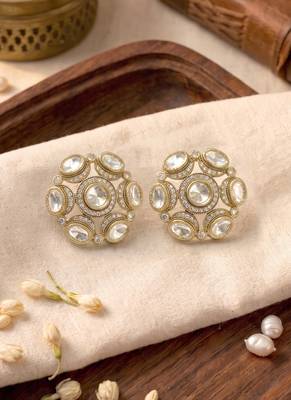 Smooth round shape white kundan mehandi gold plated stud stud earring for women and girls 4