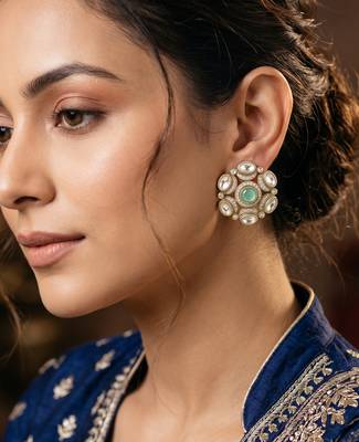 Splendid round shape mint kundan mehandi gold plated stud stud earring for women and girls 1