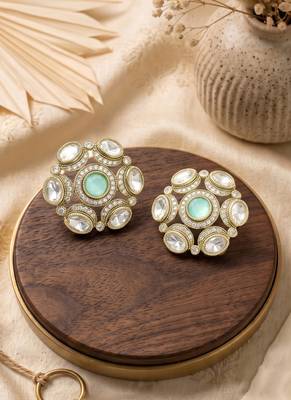 Splendid round shape mint kundan mehandi gold plated stud stud earring for women and girls 2