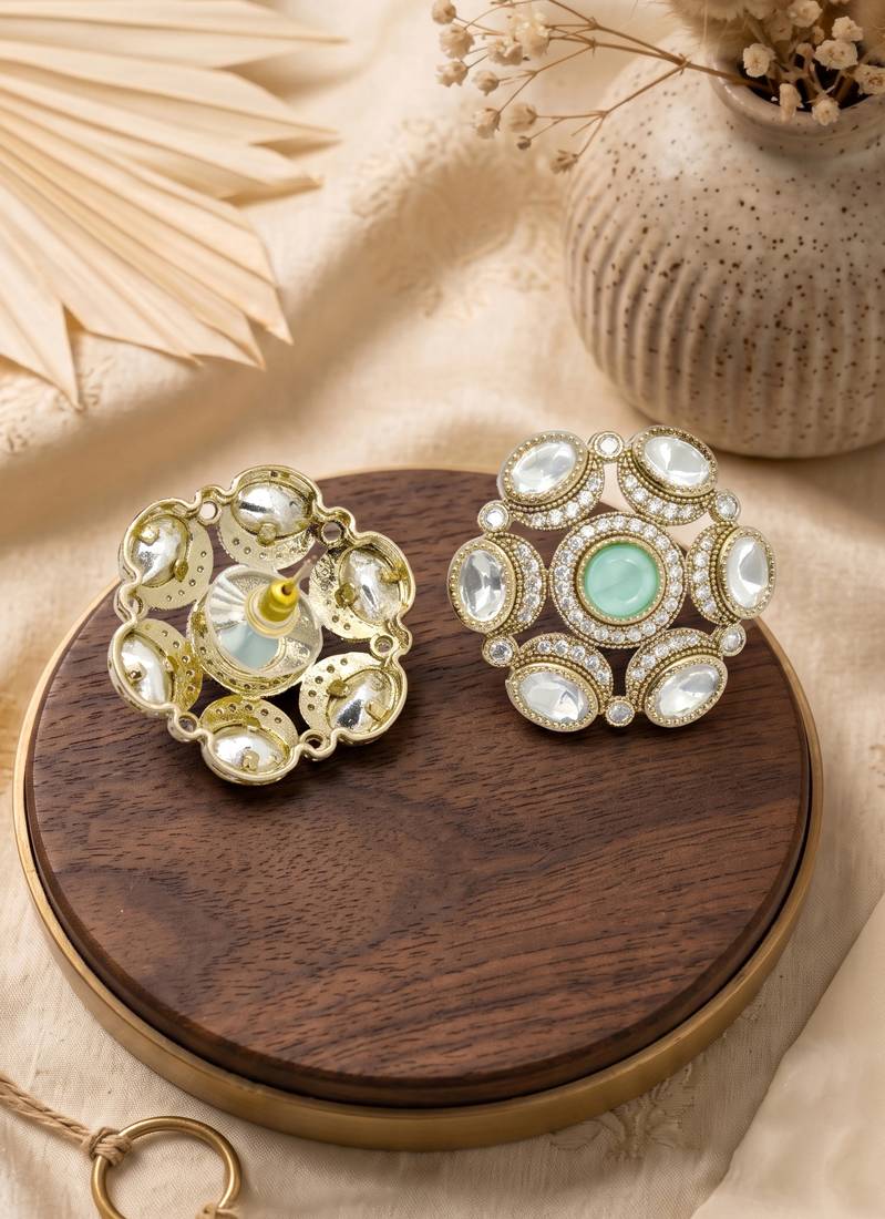 Splendid round shape mint kundan mehandi gold plated stud stud earring for women and girls