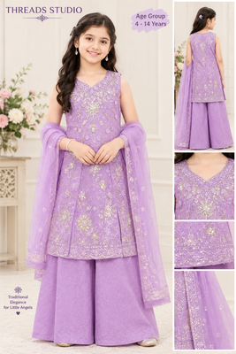 Purple sequins embroidered kurti palazzo girls festive set with dupatta 5