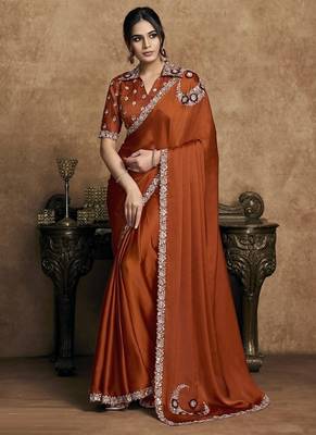 rust lustrous satin sequin embroidery embellished pearl stone applique flowers designer saree 1