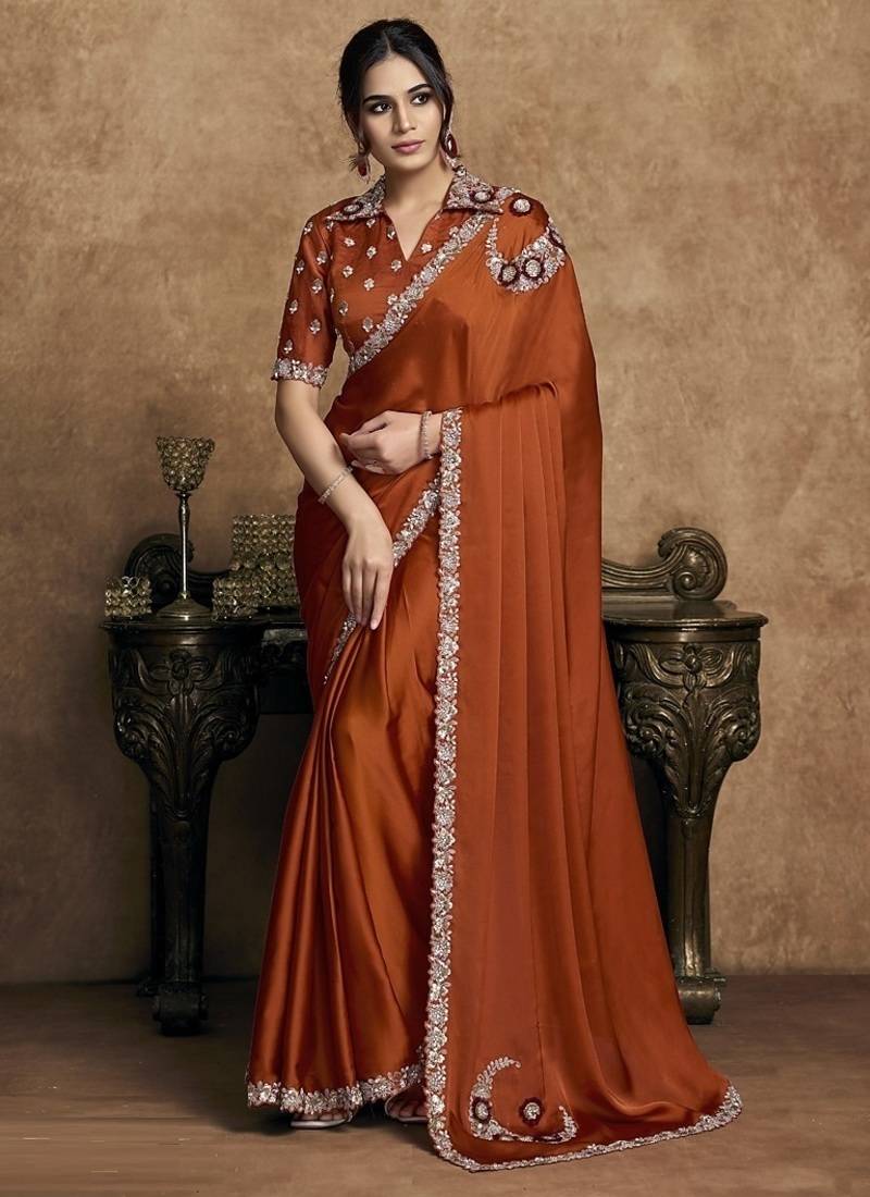 rust lustrous satin sequin embroidery embellished pearl stone applique flowers designer saree