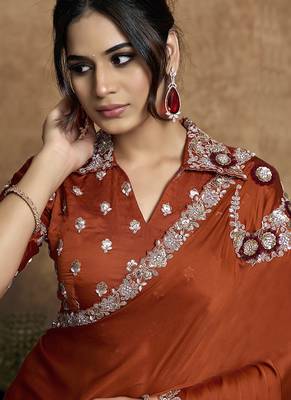 rust lustrous satin sequin embroidery embellished pearl stone applique flowers designer saree 2