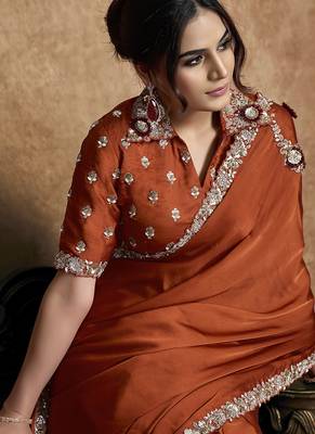rust lustrous satin sequin embroidery embellished pearl stone applique flowers designer saree 3