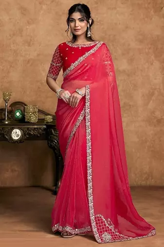 red zari organza satin dual sequin pearl stone detailing designer saree
