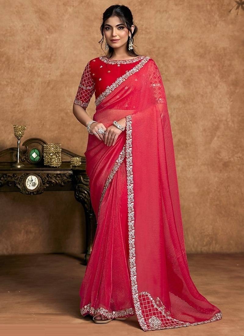 red zari organza satin dual sequin pearl stone detailing designer saree