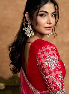 red zari organza satin dual sequin pearl stone detailing designer saree 2