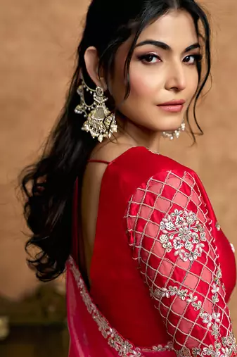 red zari organza satin dual sequin pearl stone detailing designer saree