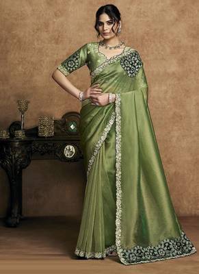 olive zari organza satin pearl stone sequin applique work designer saree 1