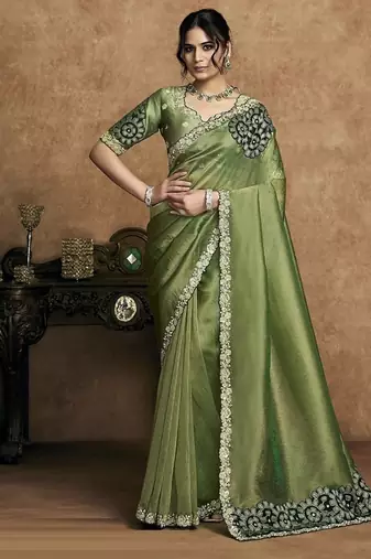 olive zari organza satin pearl stone sequin applique work designer saree