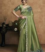 olive zari organza satin pearl stone sequin applique work designer saree