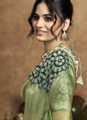 olive zari organza satin pearl stone sequin applique work designer saree 2