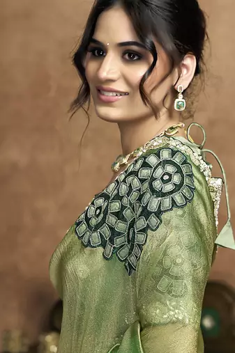 olive zari organza satin pearl stone sequin applique work designer saree