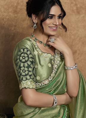 olive zari organza satin pearl stone sequin applique work designer saree 3