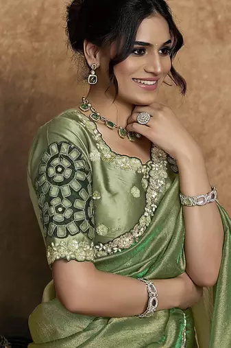 olive zari organza satin pearl stone sequin applique work designer saree