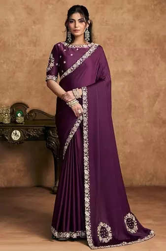 wine lustrous satin sequin embroidery elevated pearls stones designer saree