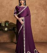 wine lustrous satin sequin embroidery elevated pearls stones designer saree