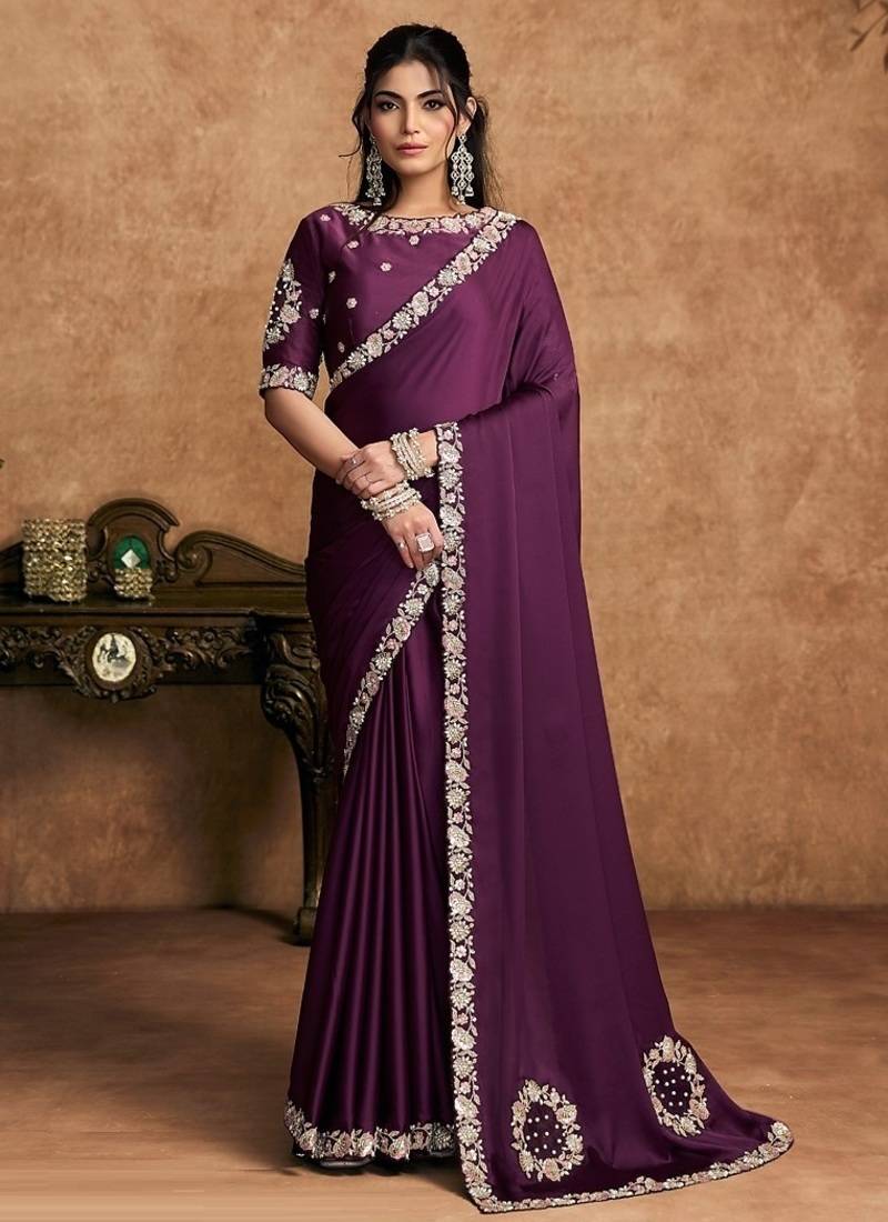 wine lustrous satin sequin embroidery elevated pearls stones designer saree
