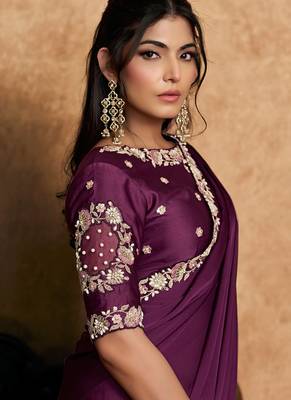 wine lustrous satin sequin embroidery elevated pearls stones designer saree 2