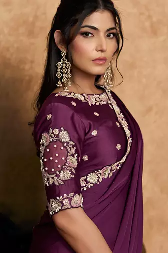 wine lustrous satin sequin embroidery elevated pearls stones designer saree