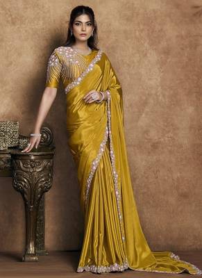 mustard pure crepe satin dual sequin pearl handwork designer saree 1