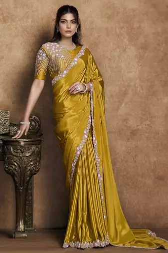 mustard pure crepe satin dual sequin pearl handwork designer saree
