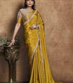 mustard pure crepe satin dual sequin pearl handwork designer saree