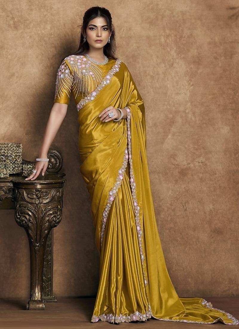 mustard pure crepe satin dual sequin pearl handwork designer saree