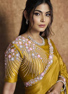 mustard pure crepe satin dual sequin pearl handwork designer saree 2