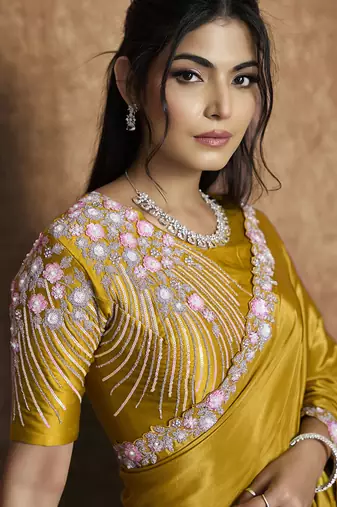 mustard pure crepe satin dual sequin pearl handwork designer saree