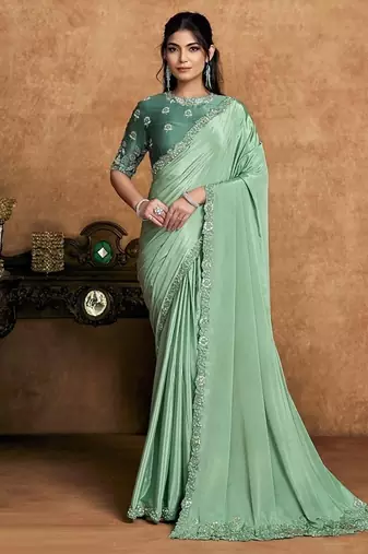 pista pure crepe satin floral sequin embroidery pearl stone handwork designer saree
