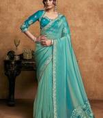turquoise zari organza satin dual sequin pearl stone applique flowers designer saree