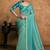 turquoise zari organza satin dual sequin pearl stone applique flowers designer saree