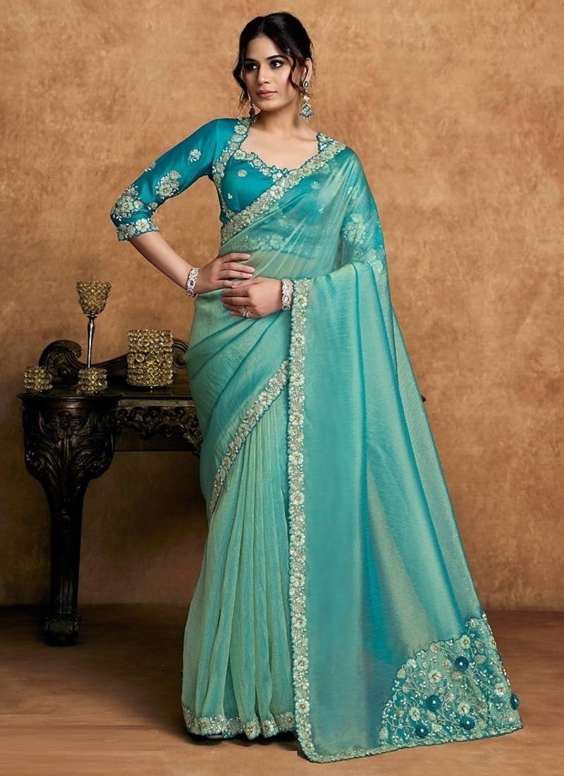 turquoise zari organza satin dual sequin pearl stone applique flowers designer saree