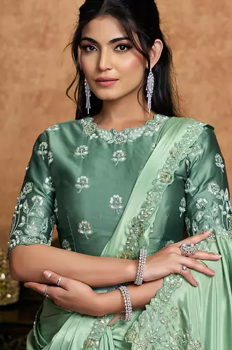 pista pure crepe satin floral sequin embroidery pearl stone handwork designer saree