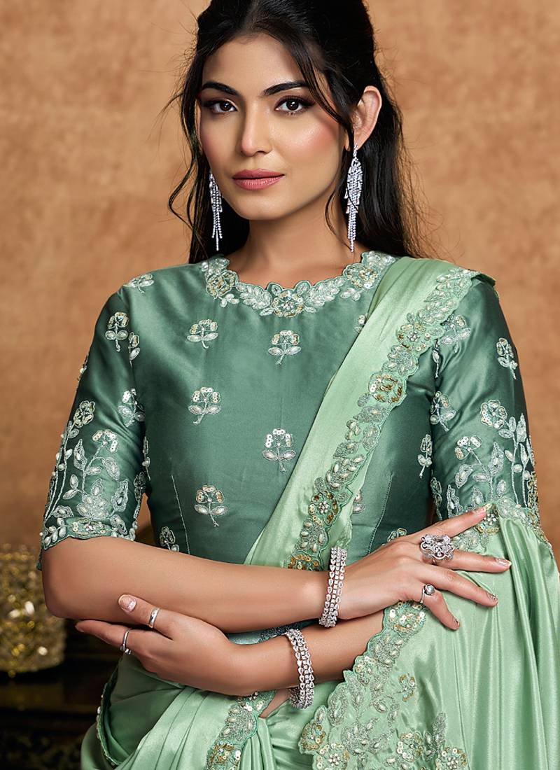 pista pure crepe satin floral sequin embroidery pearl stone handwork designer saree