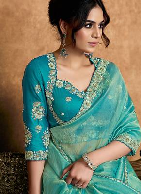 turquoise zari organza satin dual sequin pearl stone applique flowers designer saree 2