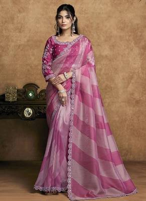 pink organza satin lehriya print scallops highlighted pearls stones sequins designer saree 1