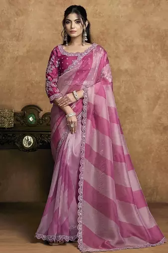 pink organza satin lehriya print scallops highlighted pearls stones sequins designer saree