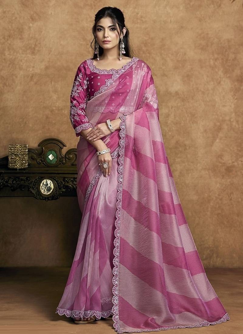 pink organza satin lehriya print scallops highlighted pearls stones sequins designer saree
