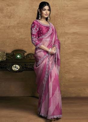pink organza satin lehriya print scallops highlighted pearls stones sequins designer saree 2