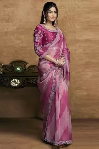 pink organza satin lehriya print scallops highlighted pearls stones sequins designer saree